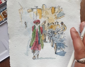 Malang (Sufi Saint) Lahore Street, Pakistan | print | Aquarel en inkt | A5 Fine Art Print, Handgemaakte, Kunst aan de muur, Schilderij