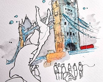 Tower Bridge, London | Watercolours and Ink | Print A3/A4/A5 Size | Urban Sketch Painting Wall Art