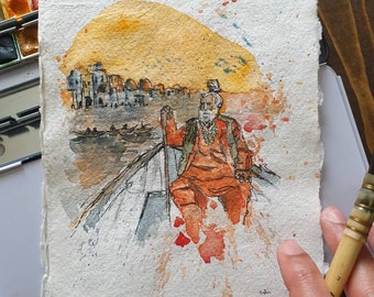 Sadhu aan de Rivier de Ganges, India | ORIGINEEL & PRINT | Aquarel en inkt | 21.5x15cm Indiase katoenen rag papier | Ganga, Jogi, Handgemaakt