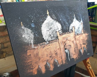 Badshahi Masjid, Lahore, Pakistan | Original Canvas Painting 46cm x 36cm | Metallic Watercolour | Shimmering Mosque Wall Art