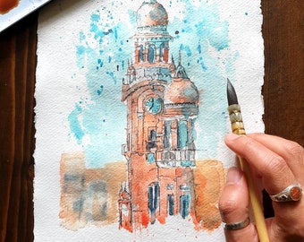 Klokkentoren Multan, Pakistan | Ghanta Ghar A3/A4/A5 kunst aan de muur | ORIGINEEL & PRINT | Waterverf en inkt | 21cm x 30cm Indiaas katoenen voddenpapier