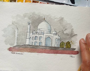 Taj Mahal, Agra, India | A3/A4/A5 Kunstmuur | ORIGINEEL & PRINT | Aquarel en inkt | Indiase katoenen vod papier schilderij Mughal gebouw cadeau