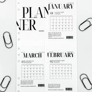 May include: White planner inserts with black text, featuring the word "PLANNER" and monthly calendars for January, February, and March 2026. Includes paperclips. The inserts have pre-punched holes for binding.