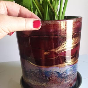 May include: A decorative ceramic plant pot with a burgundy, gold, and blue design. The pot is filled with a green leafy plant and sits on a matching saucer. The pot's measurements are not visible.