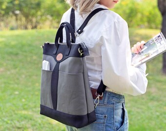 Unisex canvas handtas in grijs en zwart, converteerbare rugzak, unisex schoudertas, converteerbare shopper, unisex draagtas, unisex schooltas