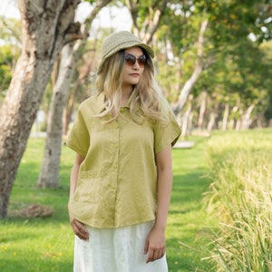 Lime green linen blouse with short sleeves, basic linen top, green shirt for women, oversized linen blouse, green plus size linen shirt