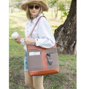 Genuine leather shopper with brown cotton canvas, unisex leather handbag, convertible purse,  convertible backpack, brown leather tote bag