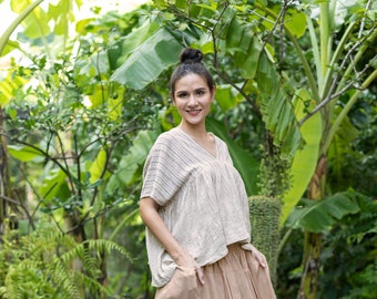 Boho linen plus size top, bohemian style, linen cotton oversized blouse, natural linen cotton loose fitting, crop top for layering,