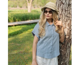 Steel blue linen blouse with short sleeves, blue women's linen shirt, basic linen top, oversized linen blouse, blue plus size linen top