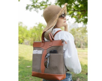 Brown backpack, convertible leather tote bag in tan leather and brown canvas , unisex convertible purse,  unisex handbag, leather laptop bag