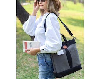 Zwart en grijs katoenen canvas schoudertas, converteerbare canvas rugzak, zwarte converteerbare handtas, unisex draagtas, unisex schoolrugzak