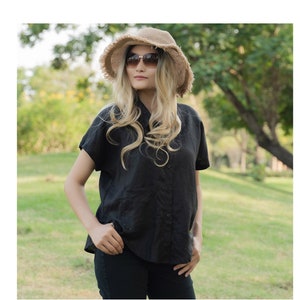 Black basic linen blouse with short sleeves, every day linen top, black linen shirt for women, oversized blouse, black plus size linen shirt
