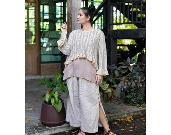 Free-size cream cotton blouse, oversized cotton and lace top, cream plus size crop top, beige oversize shirt, bohemian plus size clothing