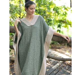 Green kaftan maxi cotton dress, long caftan dress, soft woven fabric in natural and green, oversized caftan dress, long hippi cotton dress