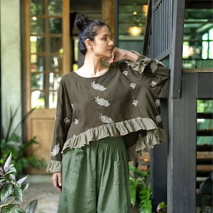 Green linen blouse with embroidery, linen crop top with ruffles, oversized green linen top, plus size linen blouse with long sleeves