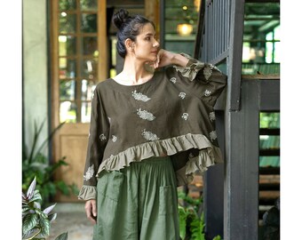 Green linen blouse with embroidery, linen crop top with ruffles, oversized green linen top, plus size linen blouse with long sleeves