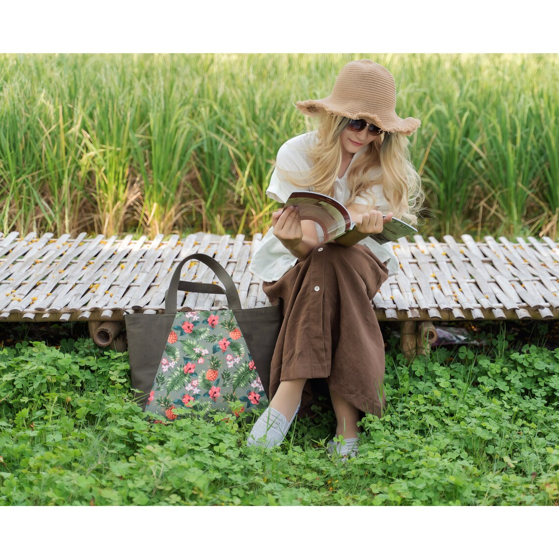 Dark Olive Green Canvas Tote Bag With Tropical Print Green Etsy