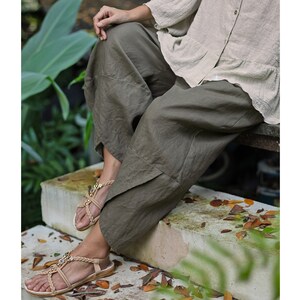 Army green oversized linen pants, linen harem pants, plus size pants for women, with elastic waist and pockets, plus size linen clothing