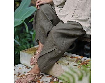 Army green oversized linen pants, linen harem pants, plus size pants for women, with elastic waist and pockets, plus size linen clothing