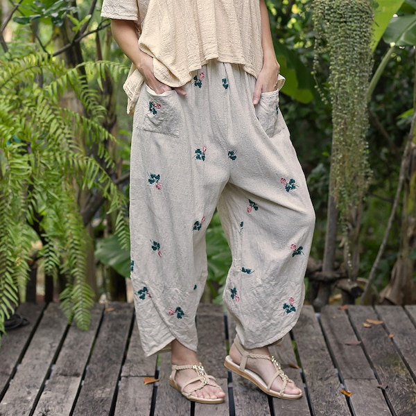 100% Linen Embroidered Elastic Waist Pants FENE