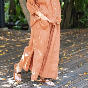 Brick colored plus size linen pants with elastic waist, orange linen slit pants, casual oversized linen trousers, plus size linen clothing