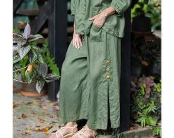 Green oversized linen slit pants, wide leg linen pants, plus size linen pants with slits, green slit linen trousers with elastic waist