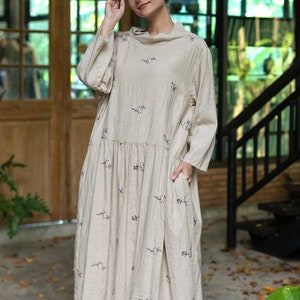 Embroidered natural linen dress, oversized dress with long sleeves and pockets, warm linen dress, plus size linen dress, boho casual dress