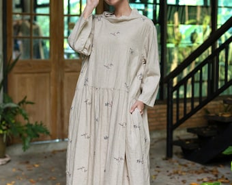 Embroidered natural linen dress, oversized dress with long sleeves and pockets, warm linen dress, plus size linen dress, boho casual dress
