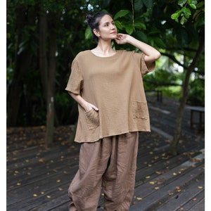 Brown casual cotton top, plus size basic cotton blouse, oversized cotton top, short sleeve and pockets, loose fitting brown cotton shirt