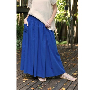 Linen cotton maxi skirt, blue high waist skirt, plus size linen skirt, elastic smocked waist, blue boho pleated skirt with side pockets,