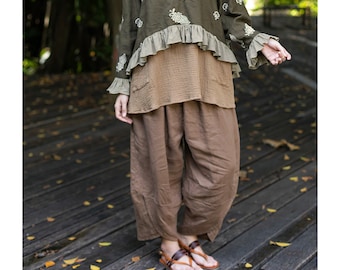 Casual brown linen pants for women with pockets and elastic waist, oversized linen pants, plus size linen trousers, brown harem linen pants