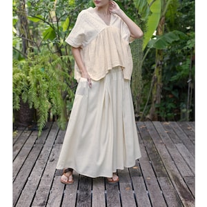 Long maxi skirt, cream linen cotton skirt, elastic waist, high waist linen skirt, cream pleated skirt with smocked waist and side pockets