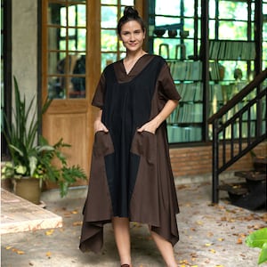 Brown and black cotton dress, oversized cotton dress with pockets and short sleeves, boho cotton dress, brown and black plus size dress