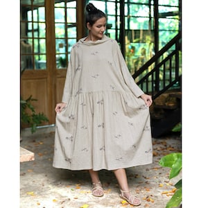 Plus size linen dress with embriodery, oversized dress with long sleeves and pockets, warm linen dress, boho casual dress, Loose dress