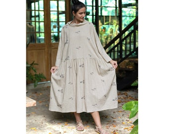Plus size linen dress with embriodery, oversized dress with long sleeves and pockets, warm linen dress, boho casual dress, Loose dress