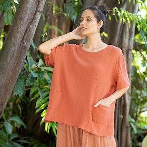 Orange basic oversized cotton blouse with short sleeves and pockets, loose fitting cotton top, plus size cotton blouse, orange cotton shirt
