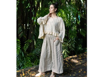 Loszittende kanten crop top, ideaal voor gelaagdheid, vrije maat crème katoenen blouse, oversized kanten top, boho plus size kleding, cadeau voor haar