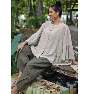 Beige colored linen tunic, oversized linen blouse, long sleeves and pockets, plus size beige linen top, loose fitting linen tunic for women