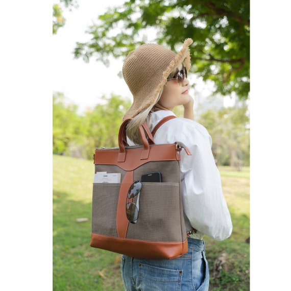 Brown Backpack, Convertible Leather Tote Bag in Tan Leather  display picture 3