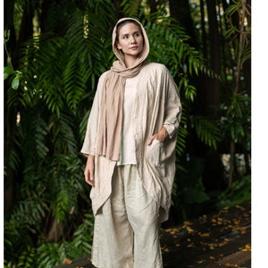 Boho natural linen cotton cocoon jacket, free-size linen shrug, with pockets, oversized jacket in natural color, plus size beige cardigan