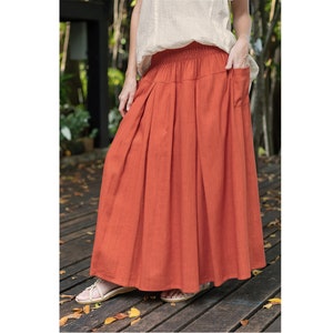 Orange oversized skirt, linen cotton maxi skirt with elastic waist and pockets, plus size long linen cotton skirt, orange boho pleated skirt