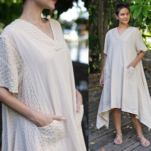 Cream oversized cotton dress with short sleeves and pockets, boho natural cotton dress, cream plus size dress, free size cotton dress
