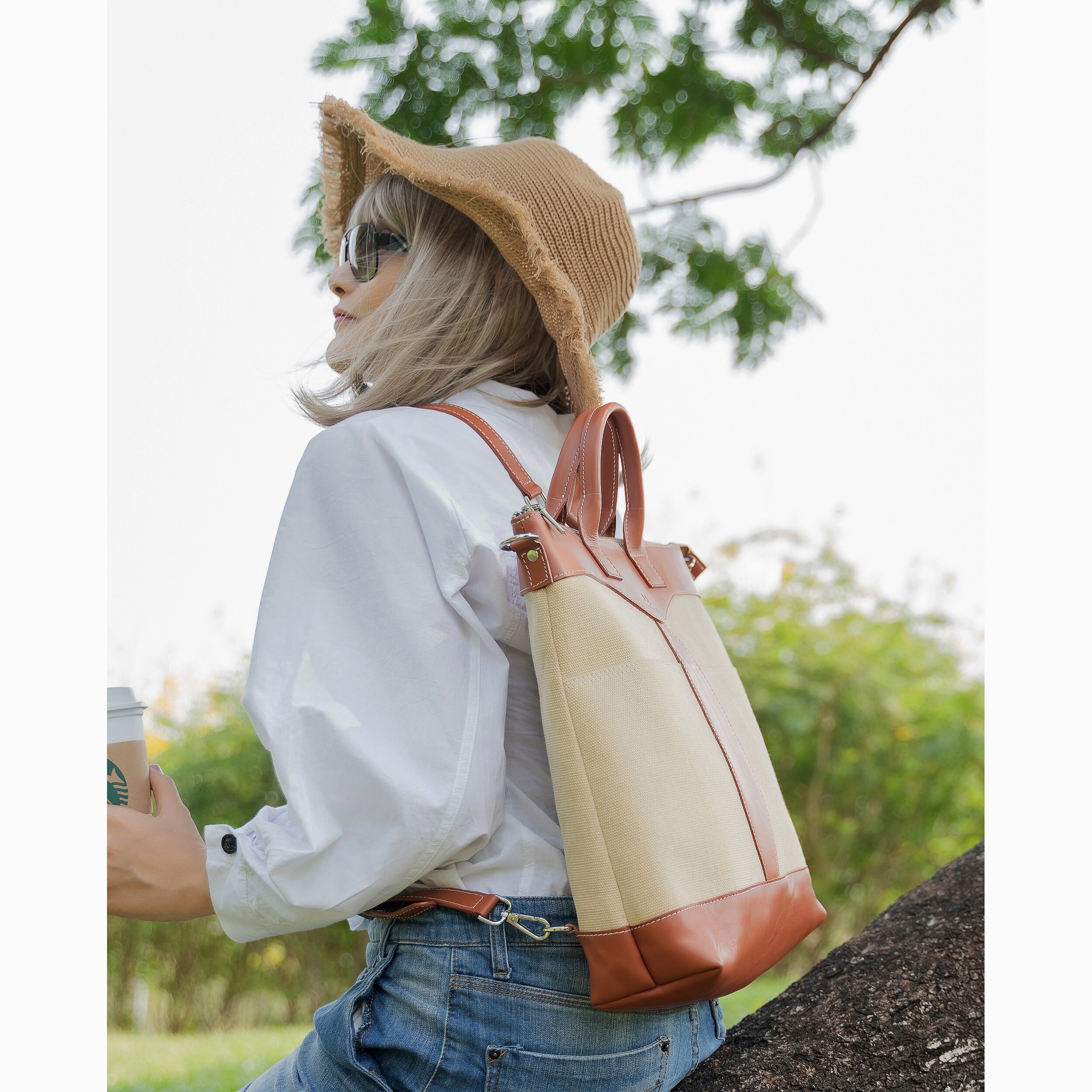 Unisex Leather and Canvas Tote Bag in Tan and Cream 