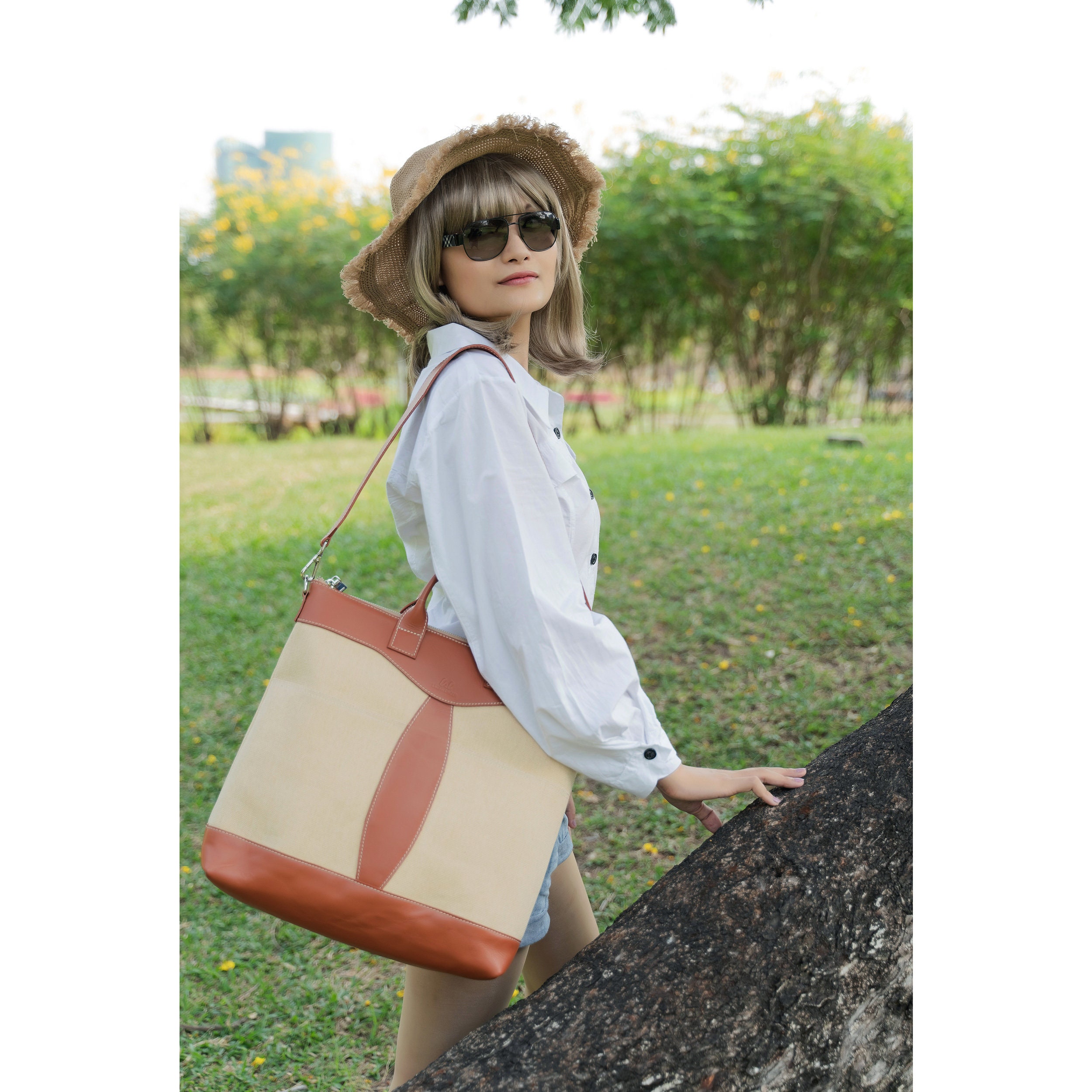 Canvas Two-Tone Cream and Tan Backpack Tote Unisex Leather and Canvas Tote Bag in Tan and Cream  main image 3