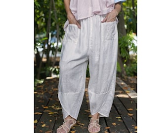 White plus size linen pants, linen harem pants, oversized linen pants for women, with elastic waist and pockets, white casual linen pants