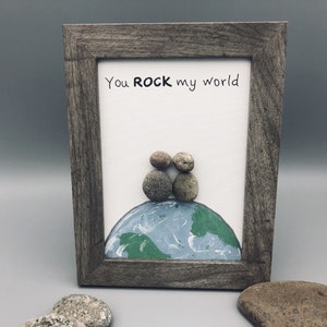 You rock my world rock art, framed pebble art rock my world, boyfriend valentines gift, girlfriend gift, nature lover gift, handmade, unique
