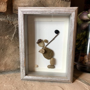 Rock art Golf picture framed. Pebble art golfer. Male golfer. Female golfer. Unique golf gift. Golf art. Husband gift. Boyfriend gift