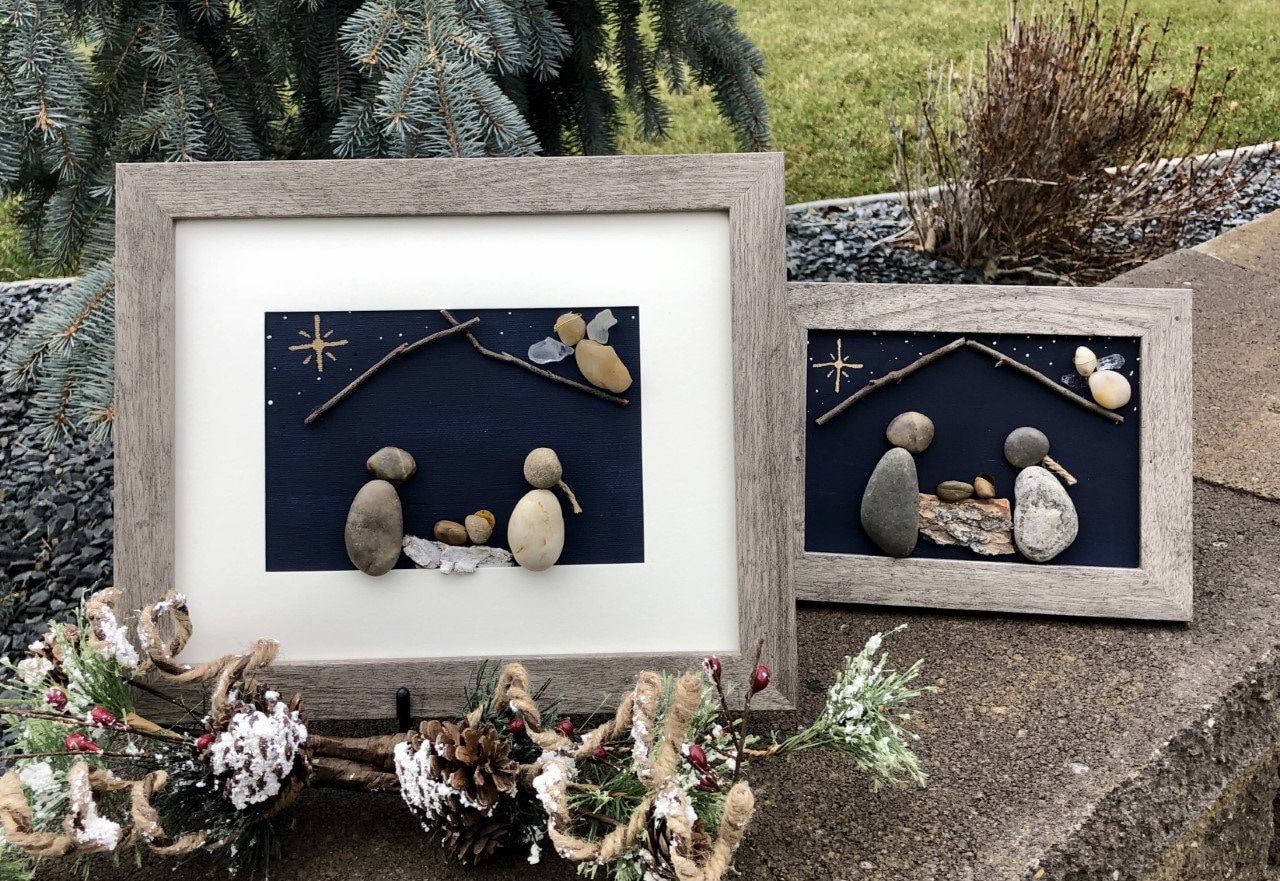 Rock Art nativity picture Framed rock art nativity Christmas Etsy