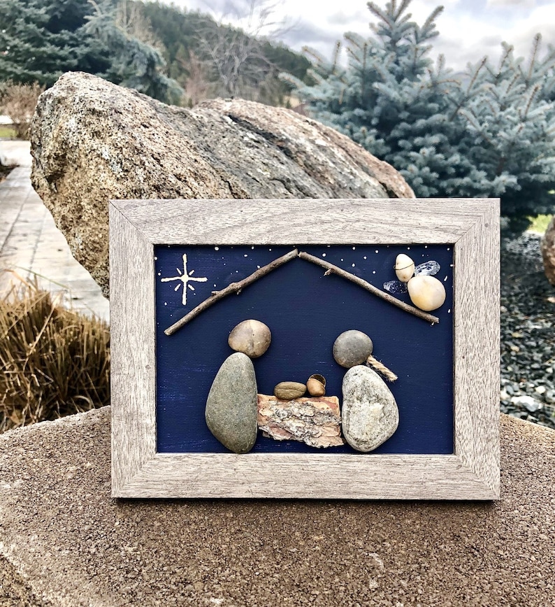 Rock Art nativity picture Framed rock art nativity Christmas Etsy