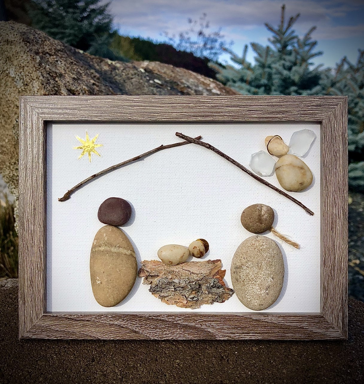 Rock Art Nativity Picture, Framed Rock Art Nativity, Christmas Pebble ...